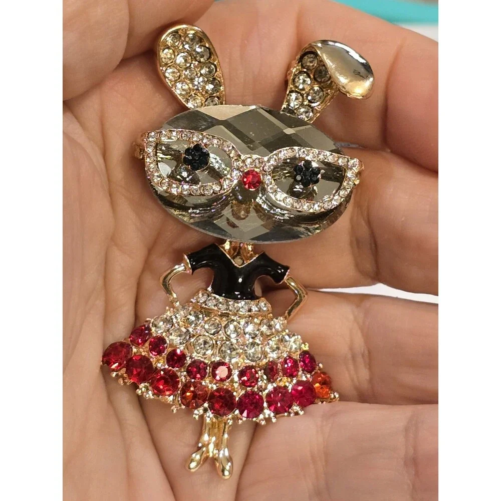 Rhinestone Bunny Rabbit Brooch Sunglasses Red Dress Gold Tone Cute Animal Pin